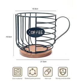 Hniuyun Coffee Pod Organizer, Counter Coffee Capsule Holder, Coffee Bar Accessories, Large Capacity Black Wire Kup Storage Basket with Wooden Base for Kitchen and Office