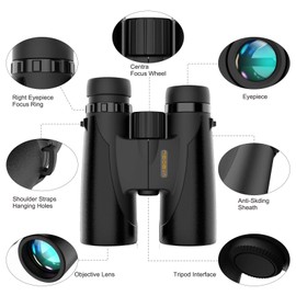 Binoculars, Vabogu 12x42 Binoculars for Adults Birds Watching Hunting Compact Low Light Night Vision BAK4 Prism FMC Lens (Black Update)