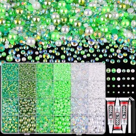 9000PCS Flatback Pearls and Rhinestones for Crafting, Green 3-10mm Resin Rhinestones and Half Pearls for Bedazzling, Nail Art and Dec with 3pcs B7000 Jewelry Glue, Tweezer and Pickup Pencil