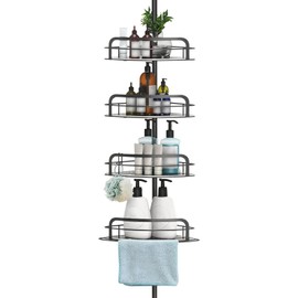 Moclever Rust-Resistant Corner Shower Caddy w/4 Height Adjustable Shelves, Tension Pole,Towel Bar,Hanging Hooks,Floor Standing Bath Storage Rack (8.66-116.14IN)–Ideal for Bathroom, Kitchen, Closet, RV