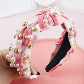 Brihasory Rhinestone Pearls Knotted Headbands for Women and Girls Crystal Jeweled Headband Fashion Mardi Gras Accessories Party Prom Carnival Valentines Headwear Wide Headband Hair Hoop(Pink)