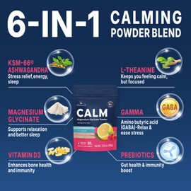 Calm Magnesium Powder Drink Mix, Raspberry Lemonade with Ashwagandha, Prebiotics, GABA, Vitamin D, L-Theanine, No Sugar Calm Support for Sleep, Stress & Muscles | 20 Serving