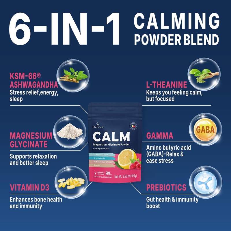 Calm Magnesium Powder Drink Mix, Raspberry Lemonade with Ashwagandha, Prebiotics,