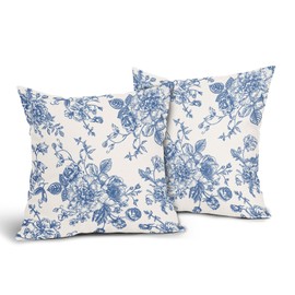 Kawani Blue Floral Pillow Covers 24x24 Inch Vintage Flower Blue Cream Decorative Throw Pillow Covers Set of 2 Chinoiserie Pillowcases Cotton Linen Cushion Covers for Couch Decor