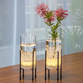 Flower Vase for Decor, Glass Table Vase Set for Flowers Plants , Clear Vase with Black Stand, Modern Decorative with Timer LED Lights Battery Operated ,Centerpiece/Wedding/Party(Set of 2)