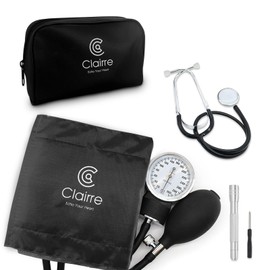 Clairre Professional Blood Pressure Cuff and Stethoscope Kit & Carrying Bag with Penlight, Aneroid Sphygmomanometer for Medical Students & Home Adult BP Monitoring, Black