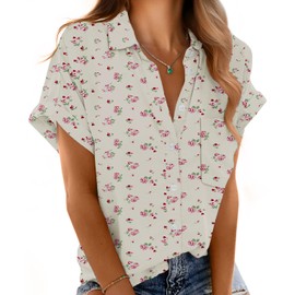 Mintreus Women’s Short Sleeve Button Down Shirts Lightweight Summer Tops with Pockets (Apricot Little Rose-M)