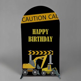 FiVan Arch Backdrop Cover Construction Black and Yellow Theme Bilayer Round Top Background for Baby Birthday Party Decoration