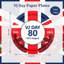 16Pcs VJ Day Plates 80th Anniversary Party Tableware,Celebration VJ-Day 80th Paper Plates Memorabilia Party 9 inch Plate Victory in Europe,VJ 80 Years Dinnerware Kit for Celebrat Partys Plate Décor