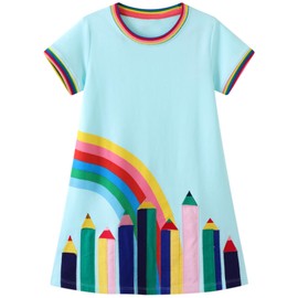 Funnymore Kids Toddler Girls Back to School Dress Summer Short Sleeve Cotton Cute Casual Clothes Outfits Clothing Sundress Pencils and Rainbow Size 6