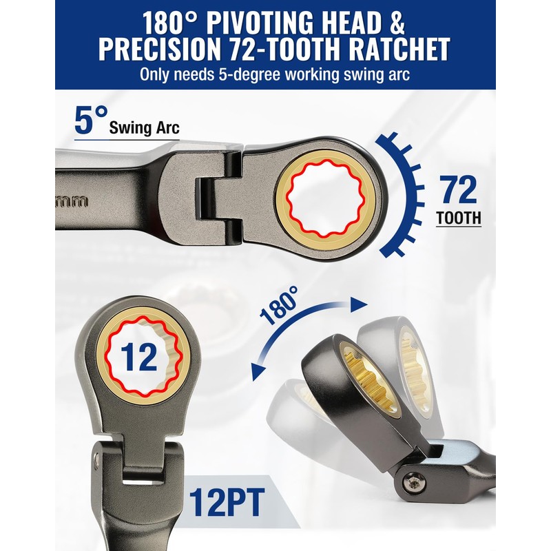 WORKPRO 8-piece Flex-Head Ratcheting Combination Wrench Set, Metric 9-17 mm,