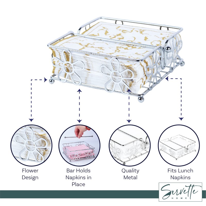 Servette Home Chrome Napkin Holder with Flower Design, Silver