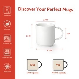 Sweese 10 Oz Stackable White Coffee Mug, Porcelain Coffee Mugs Sets of 6, Coffee Cups with Handle for Specialty Coffee Drinks, Cappuccino, Cafe Mocha, Latte and Tea, White
