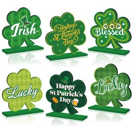 6Pcs St Patricks Day Decorations Table Wooden Centerpiece Happy St. Patrick's Day Table Decorations Irish Green Shamrock Gnomes Tabletop Ornaments for Saint Patricks Party Home Office Decor