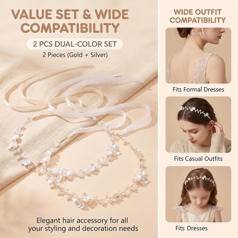 2 Pcs White Flowers Pearls Bridal Headband for Wedding