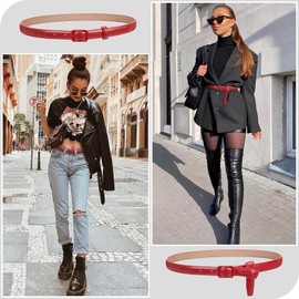 XZQTIVE Black Skinny Belt for Women Jeans Thin Leather Waist Belt with Black Metal Prong Buckle, 2-red