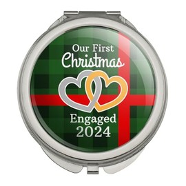 GRAPHICS & MORE Our First Christmas Engaged 2024 Hearts Green Plaid Compact Travel Purse Handbag Makeup Mirror