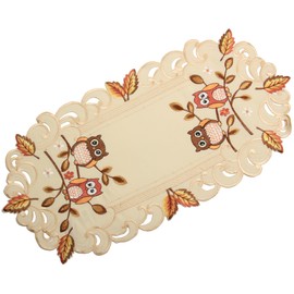 Owl Table Runner Tablecloth Linen Look Cream Beige Autumn Leaf Embroidery – Choice of Sizes Approx. 35 x 70 cm Oval