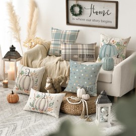 AVOIN colorlife Hello Fall Hello Pumpkin Throw Pillow Covers, 16 x 16 Inch Autumn Thanksgiving Harvest Aqua Eucalyptus Decorations for Sofa Couch Set of 4