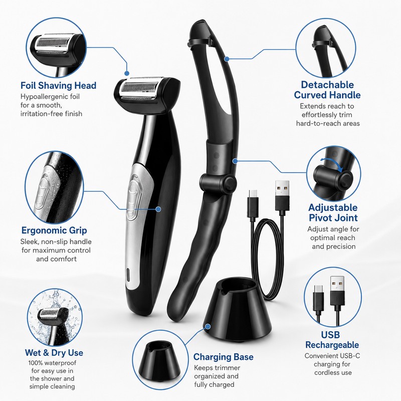 Electric Back Shaver for Men – Detachable Long Handle Body