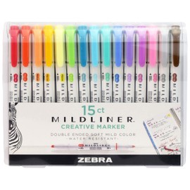 Zebra Pen Mildliner Double-Ended Highlighter Set, Broad and Fine Point Tips, Ideal for Bible Highlighting, No Bleed, Assorted Ink Colors, 15-Pack (78115)
