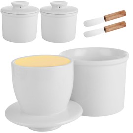 Acrux7 2 Pack Ceramic Butter Crock with Lid for Countertop, French Butter Keeper with Water for Fresh Spreadable Butter, Porcelain French Butter Dish Holder for Kitchen (White)
