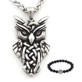 Gungneer Stainless Steel Irish Celtic Owl Pendant Necklace Celtic Knot Amulet Jewelry