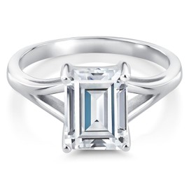 Gem Stone King 925 Sterling Silver Gemstone Birthstone Solitaire Engagement Ring for Women | Emerald Cut 9X7MM | Classic Split Shank Design | Wedding Engagement Anniversary Promise Ring | Size 5-9