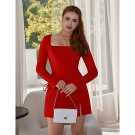 Aprilake Women's Sexy Long Sleeve Square Neck Side Slit Party Night Out A-line Mini Dress Red