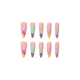 JUSTOTRY 24 Pcs Colourful Flower Stiletto Fake Nails Long,Rainbow French Press on Nails Patterns,Floral Almond Stick on Nails for Women,Acrylic Extra Long False Nails Long for Nail Art