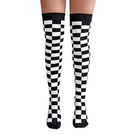 NuJake Over The Knee Black & White Chequered Socks Checked Police Teens Cosplay Pattern UK 4-5.5