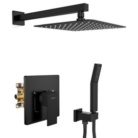 SR SUN RISE Shower Faucet Set & System - 10 Inch Rainfall Shower Head & Handle Set Wall Mounted Matte Black Solid Brass Valve Trim Kit Included