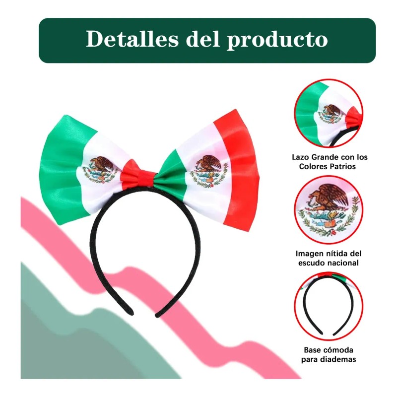 Set De 10 Diademas Con Moño De Bandera De México