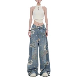 Unisex Flower Print Baggy Jeans Vintage Cowboy Harajuku Wide Leg Trashy Grunge Y2k Hip Hop Loose Fit Streetwear (Medium,Denim)
