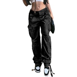 Viatabuna Women's High Rise Straight Leg Y2K Streetwear Cargo Pants Baggy Boyfriend Pants with Pocket Black