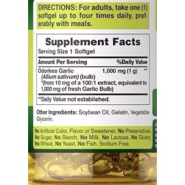 Puritan's Pride 3 Pack Garlic Extract Odorless 1000 mg 300 Softgels (3x100) Cholesterol Health