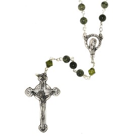 Russian Serpentine Gemstones Catholic Prayer Rosary/Rosario accented with Austrian Crystals - Includes Pouch, "How to Pray the Rosary" pamphlet, Gemsone meaning