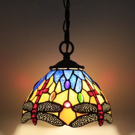 Small Tiffany Pendant Light 8 inch Tiffany Style Stained Glass Pendant Hanging Lamp Small Vintage Hanging Light Fixtures for Home Living Room Restaurant Hallway (Yellow Dragonfly Style)