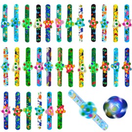 TGIQROVE 30Pcs Light Up Fidget Rotating Toy + 30Pcs Slap Bracelets, Dinosaur Party Favors Easter Egg Fillers Stocking Stuffers for Kids Goodie Bags Stuffers Glow in The Dark Supplies Birthday Gifts