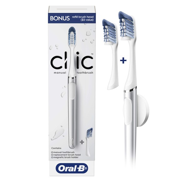 Oral-B Clic Manual Toothbrush, Chrome White, with 1 Bonus Replacement Brush Head and Magnetic Toothbrush Holder