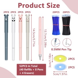 52 Pcs Rub Out Pens, Erasable Pens Cute Animal Gel Pen, 0.35mm Cartoon Pens with Blue and Black Ink, Student Stationery Office Gift Set with 40 Refills and 4 Erasers, Perfect for School Drawing Notes