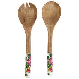 Boston International Salad Server Utensil Set Mango Wood and Enamel Serving Fork and Spoon, 12", Cranberry Wreath