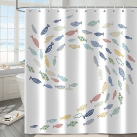 Moonslim Fish Shower Curtains, Colorful Fishes Swimming Shower Curtain, White Minimalist Aesthetic Bath Curtain for Bathroom Decor Waterproof Fabric Cloth with Hooks 72X84 Inch