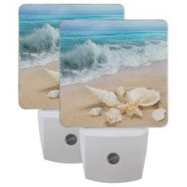 Ocean Beach Summer Night Light Set of 2 Starfish Seashell Sea Nightlights Plug-in LED Nightlight Auto Dusk-to-Dawn Sensor Lamp for Bedroom Bathroom Kitchen Hallway Stairs