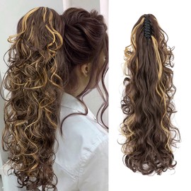 MY-LADY Ponytail Extension, 24" Claw Clip Ponytail Hair Extension for Women Wavy Curly Hairpiece Synthetic Fake Hair Pieces Dark Brown with Dark Blonde