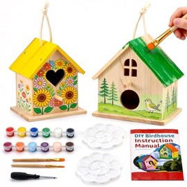 AluAbi 2 Pack DIY Bird House Kit, Thickened Wooden Birdhouse Crafts for Kids with Paints Brushes Screwdriver, DIY Arts and Crafts for Children, DIY Birdhouse Set for Halloween Christmas Birthday