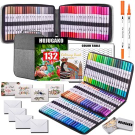 HUJUGAKO Dual Tip Brush Markers,132 Colors Drawing Markers for Adult Coloring Books Calligraphy Drawing Sketching Note Taking School Supplies White Penholder