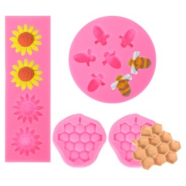 Mabor 4Pcs Bumble Bee Silicone Mold Honeycomb Sunflower and Bee Fondant Molds Kit Hive DIY Chocolate Candy Cookies Dessert Decorating Baking Mold for Dollhouse Miniature Crafts