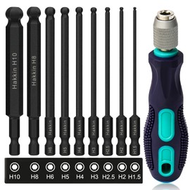 Hakkin 100 mm 9 Piece Ball Head Hex Screwdriver Ball End Hex Bit Set with Handle 1/4 Inch S2 Magnetic Screwdriver Hex Socket Set 1.5/2/2.5/3/4/5/6/8/10 mm for Cordless Screwdrivers