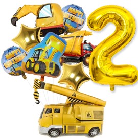Construction Birthday Decorations 2nd, 9Pcs Digger Birthday Balloons Number 2 Balloons, Large Construction Balloons Dump Truck Crane Foil Mylar Balloons Set for Boy 2 Year Old Birthday Party Supplies